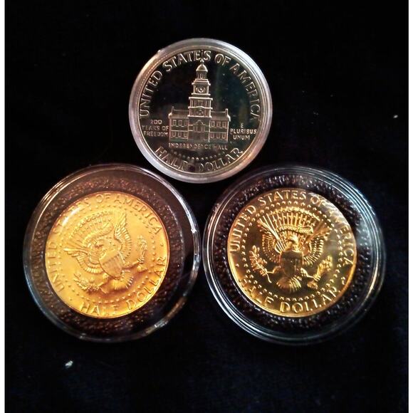 2 24k and .999 Silver plated Clad Cameo & 1 40% silver Cameo Kennedy Dollar Half - Picture 3 of 4
